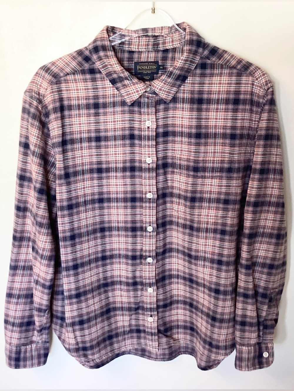 Pendleton Boyfriend Double-Brushed Flannel Plaid Button Up Shirt - Navy/Pink XL